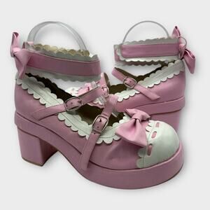 Vintage Pink White Scallop Bow hook eye Buckle Chunky Heel Mary Janes 23.5 US 7